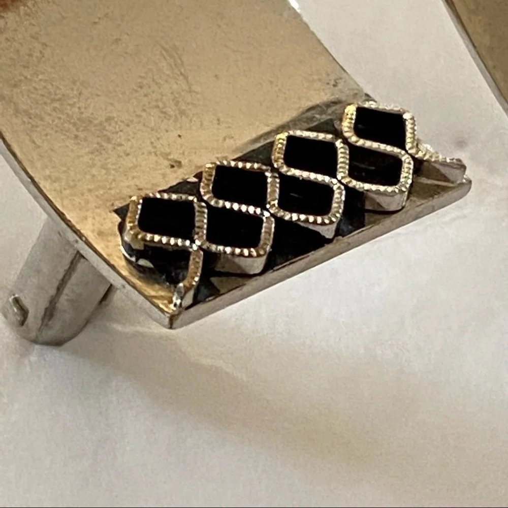 Vintage Silver and Black Enamel Curved Square Cufflinks